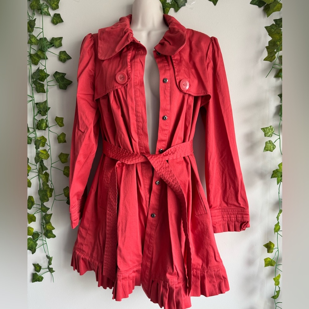 🌿 Early 2000s Dark Peach Frill Preppy Trench Coat